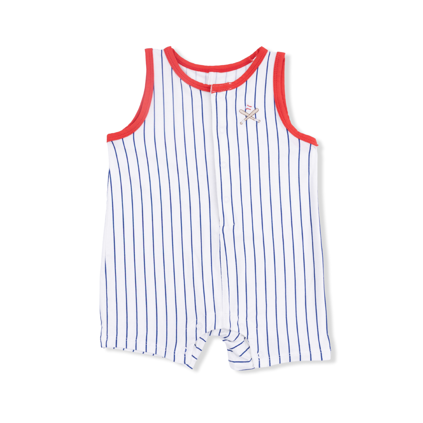 Angel Dear baseball stripe sleeveless shortie romper for babies, featuring soft fabric and playful striped design.