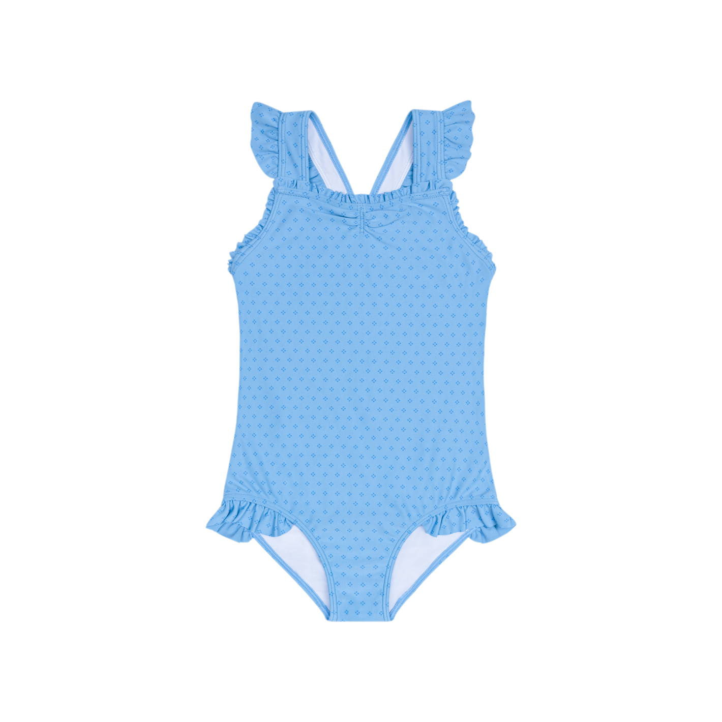 Girls' Minnow Le Marin dot ruffle edge one-piece swimsuit with playful pattern and ruffle details, perfect for summer beachwear.