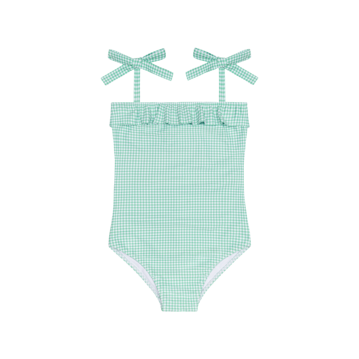 Girls Minnow Gustavia gingham one-piece swimsuit with ruffle front and tie straps, featuring a stylish gingham pattern.