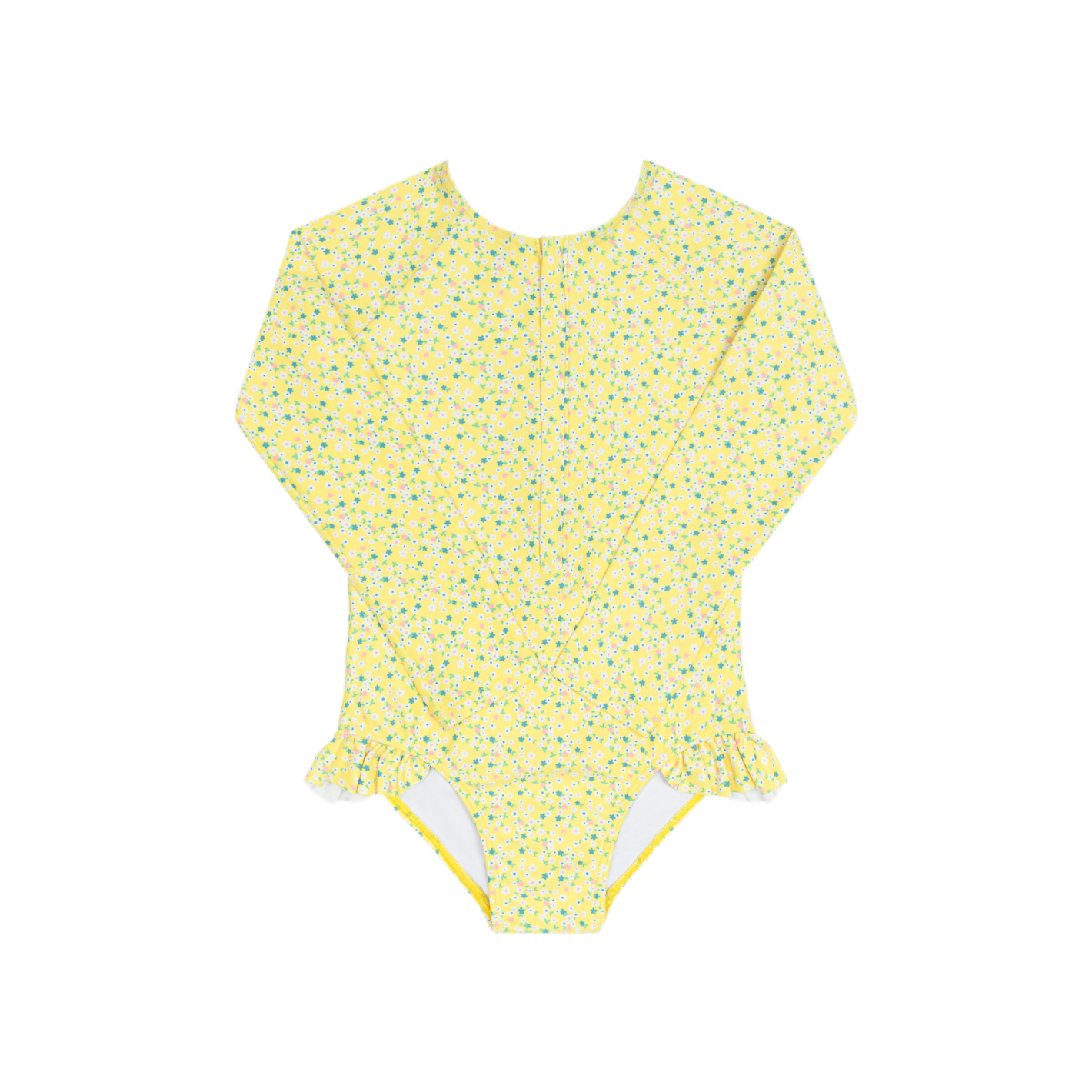 Girls petite fleur front zip rashguard one-piece by Minnow, featuring a colorful floral pattern and a front zipper.