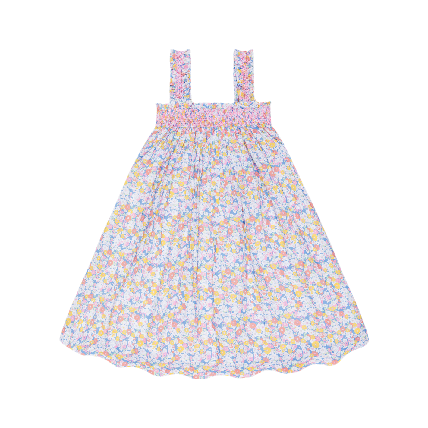 Girls Jasmine Blossom smocked ruffle strap dress by Minnow, featuring floral print and delicate ruffle details.