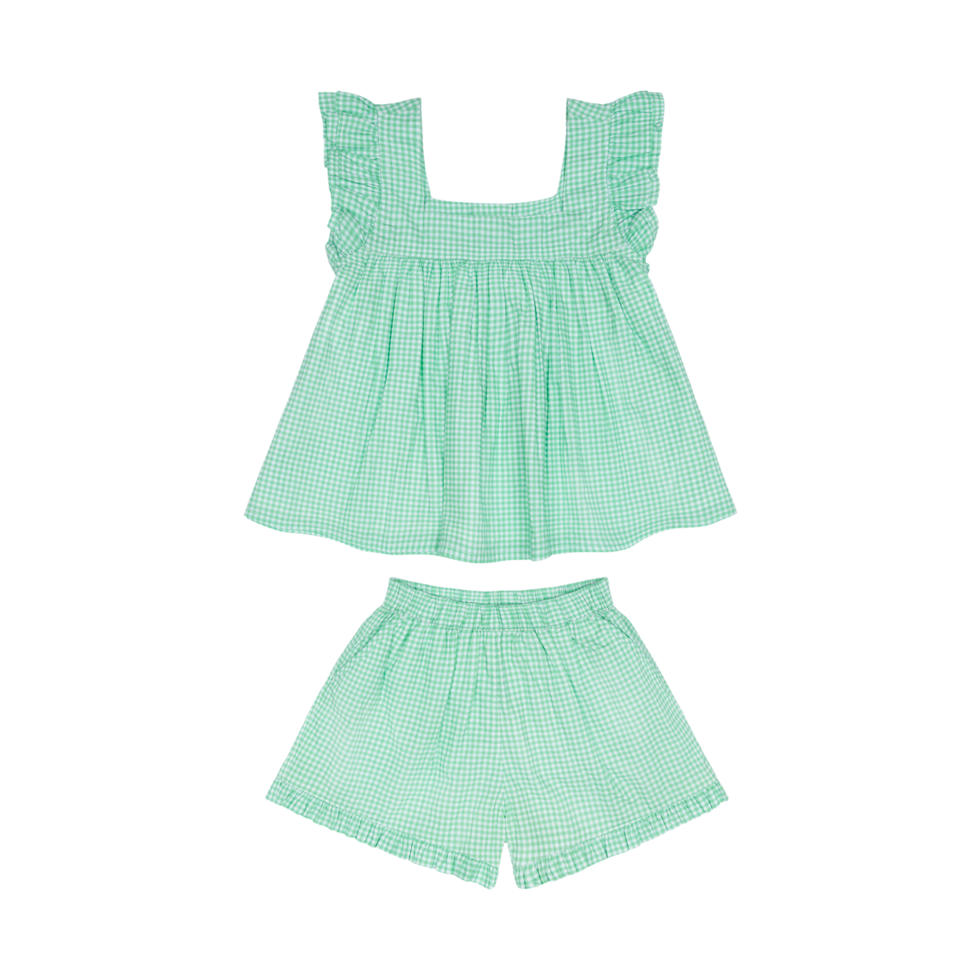 Girls Minnow Gustavia gingham ruffle top and shorts set, featuring a cute ruffled design in pink and white gingham fabric.