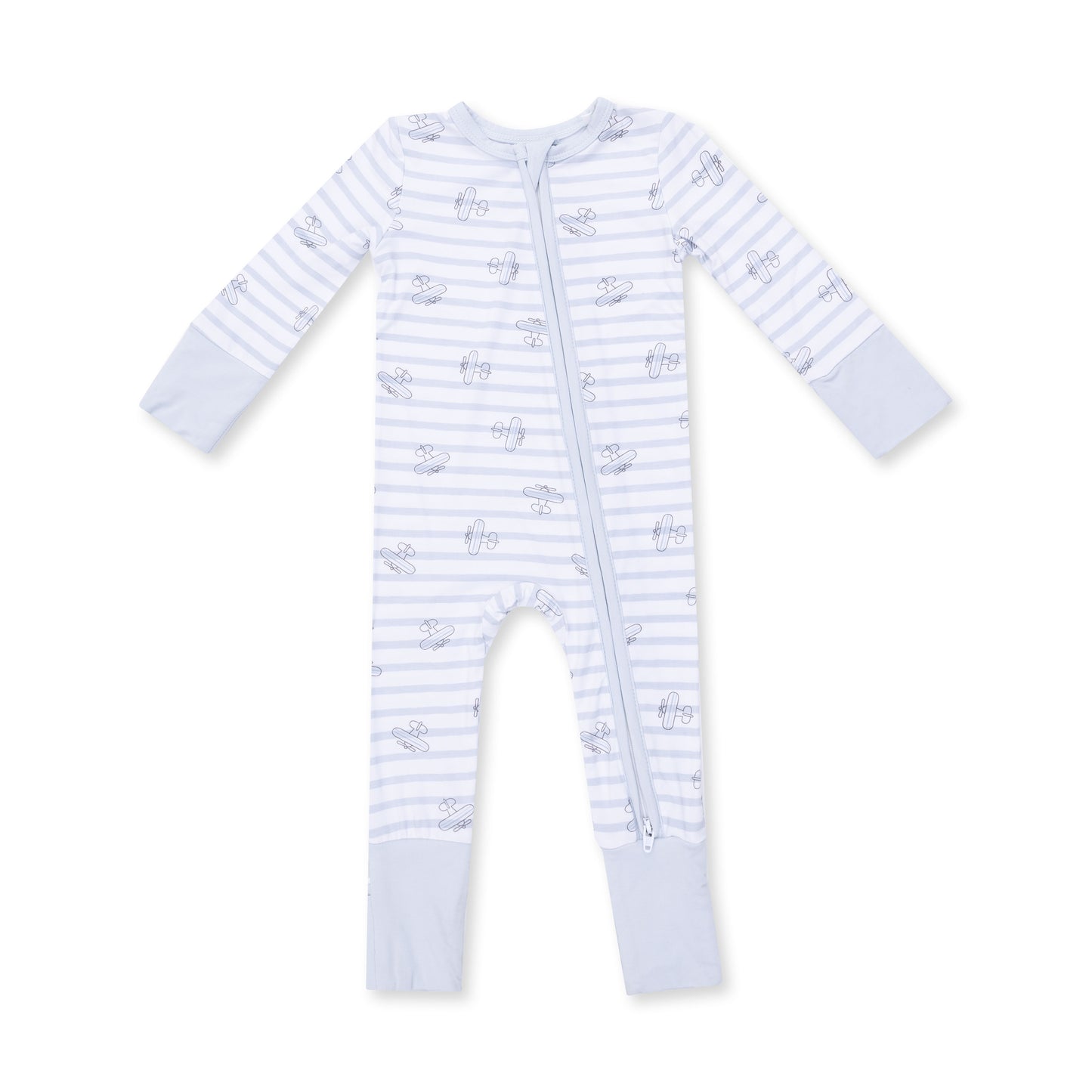 Angel Dear airplane stripe zip convertible romper for babies, featuring a playful airplane pattern and comfortable design.