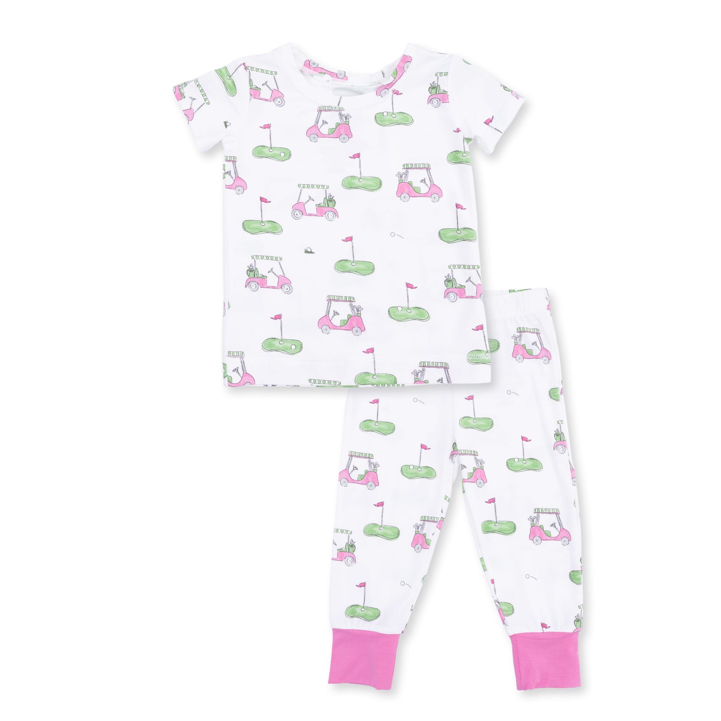Pink short sleeve loungewear set for women by Angel Dear featuring golf cart print and comfortable relaxed fit.