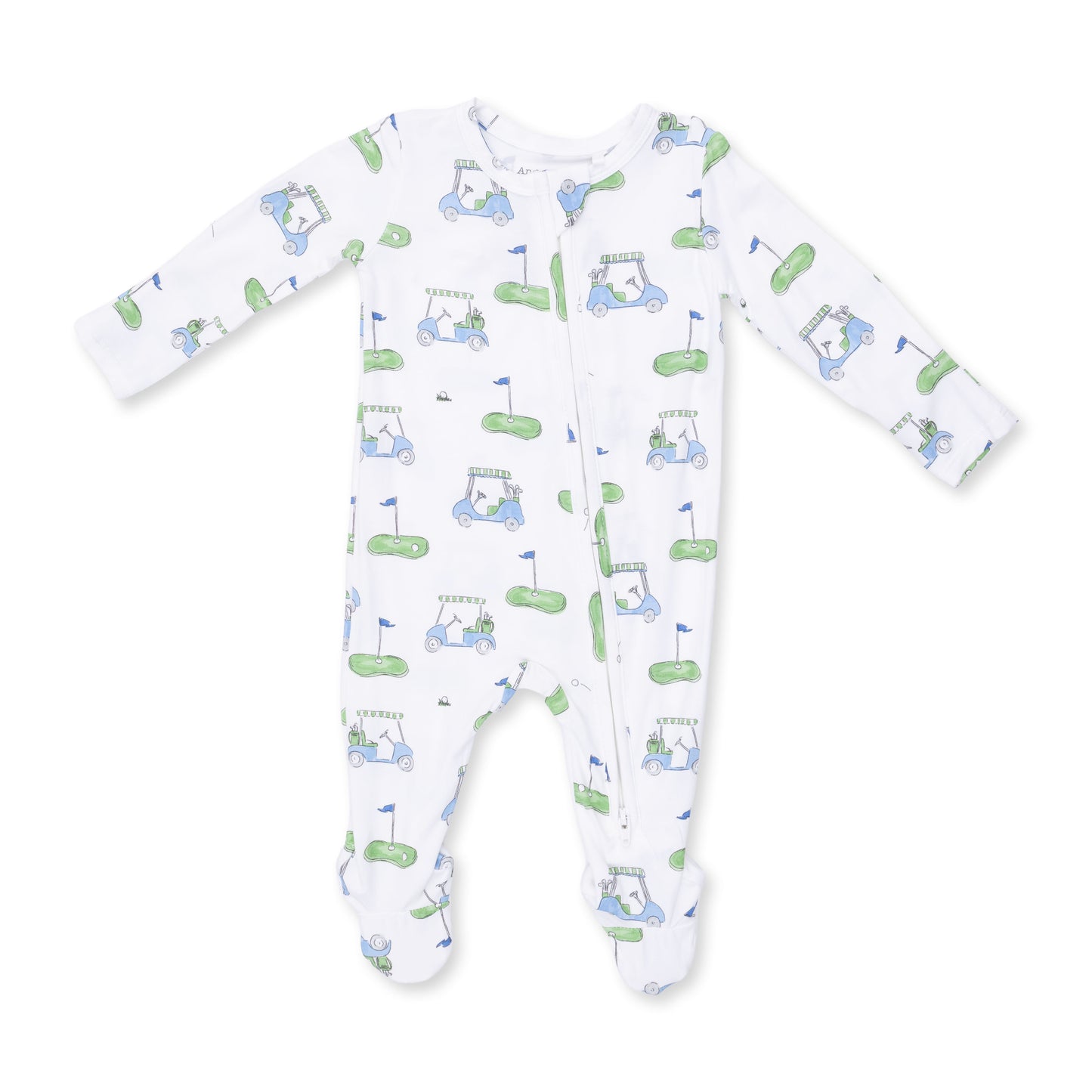 Blue Angel Dear golf cart-themed 2-way zip footie for infants, featuring playful golf cart graphics and soft, comfortable fabric.