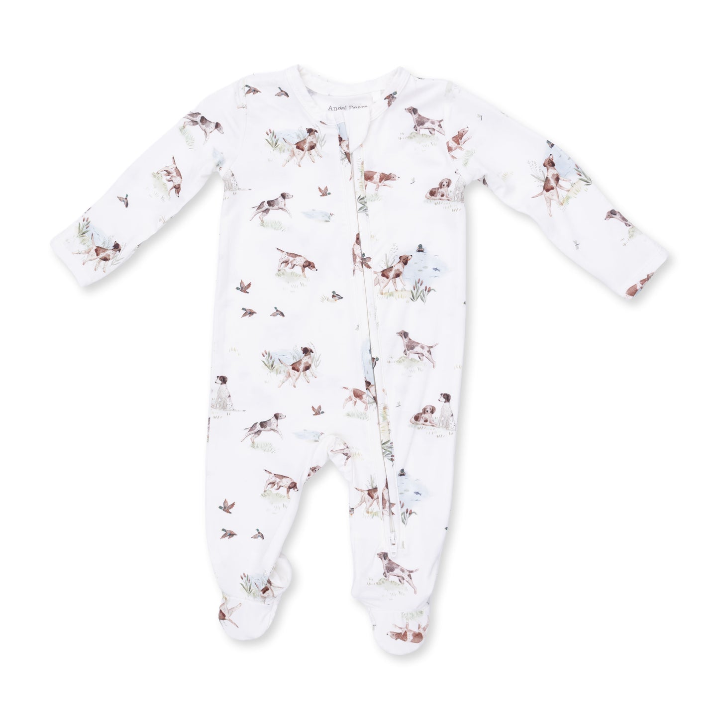 Angel Dear Pointer Pups and Duck Buddies 2-Way Zip Footie for babies, featuring colorful animal prints and soft, cozy fabric.