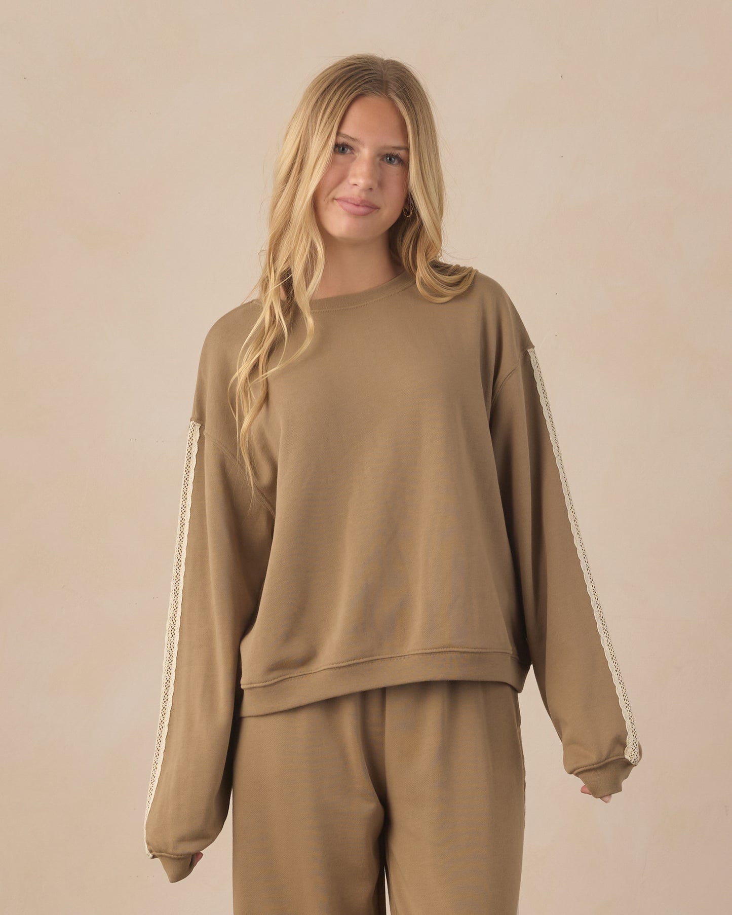 Teen olive oversized sweatshirt by Rylee & Cru, featuring a relaxed fit with long sleeves and a cozy, casual style.