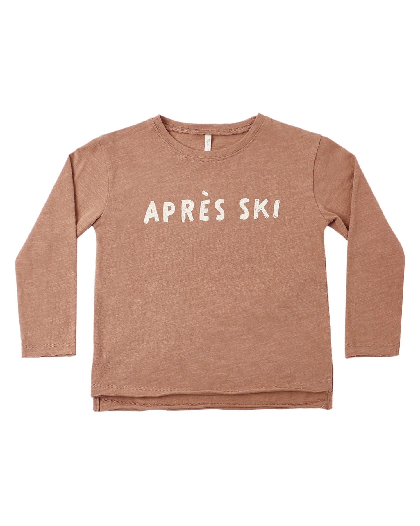 Rylee & Cru Apres Ski Raw Edge Long Sleeve Tee, beige with raw edge details and casual fit, shown on a hanger.