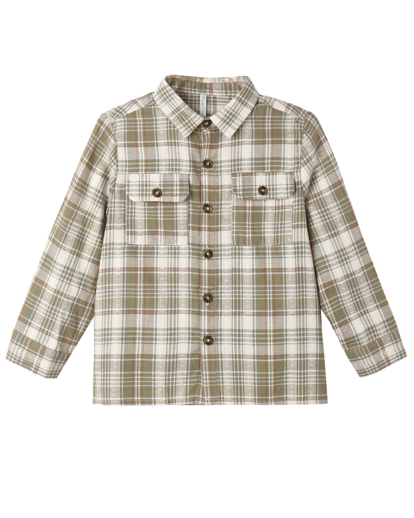 Olive Dobby Plaid Corduroy Shirt with chest pockets by Rylee & Cru, shown laid flat with button details.