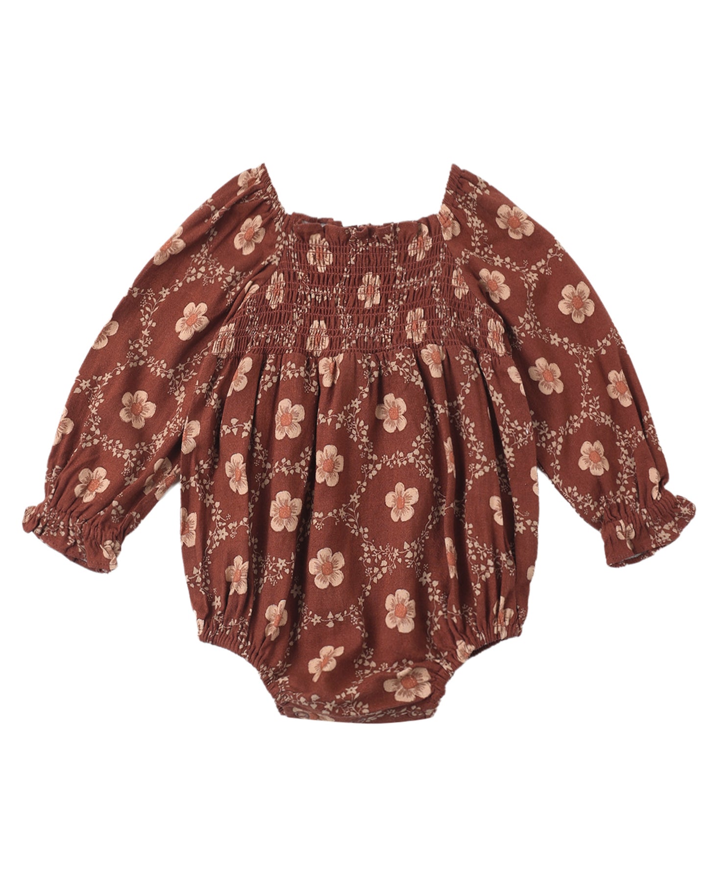 Rylee & Cru Brick Daisies Adelaide romper for babies, featuring a floral design and soft fabric, displayed on a neutral background.