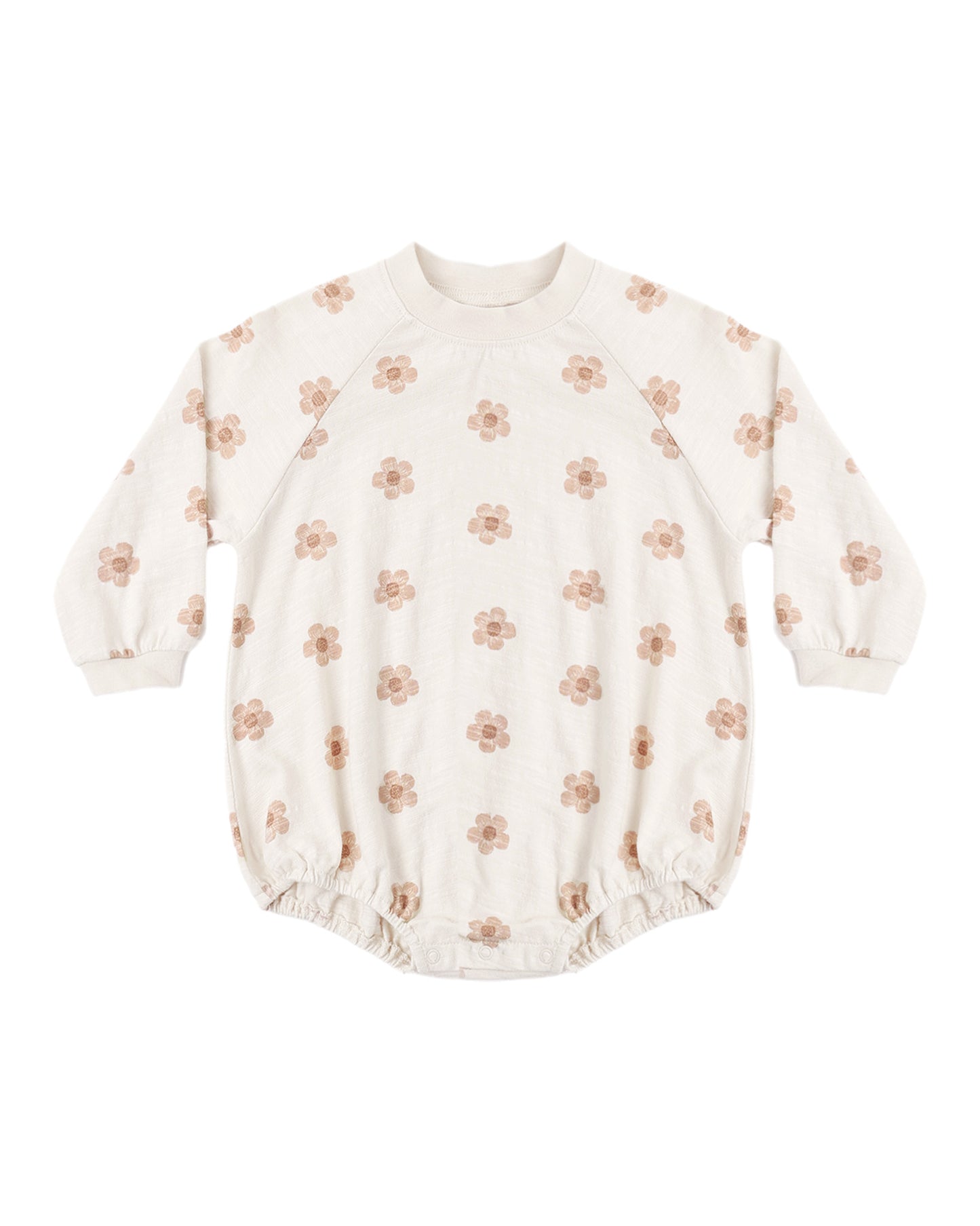 Pink daisies crew neck romper by Rylee & Cru featuring short sleeves, floral pattern, and a comfortable fit for young children.