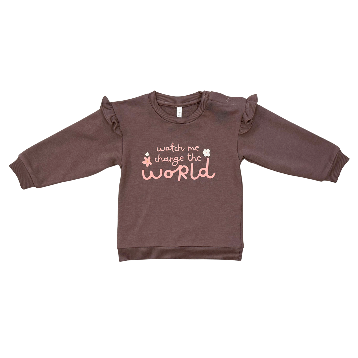 Babysprouts World Changer Ruffle Hem Sweatshirt shown in soft fabric with ruffle details at the hem, perfect for kids' casual wear.