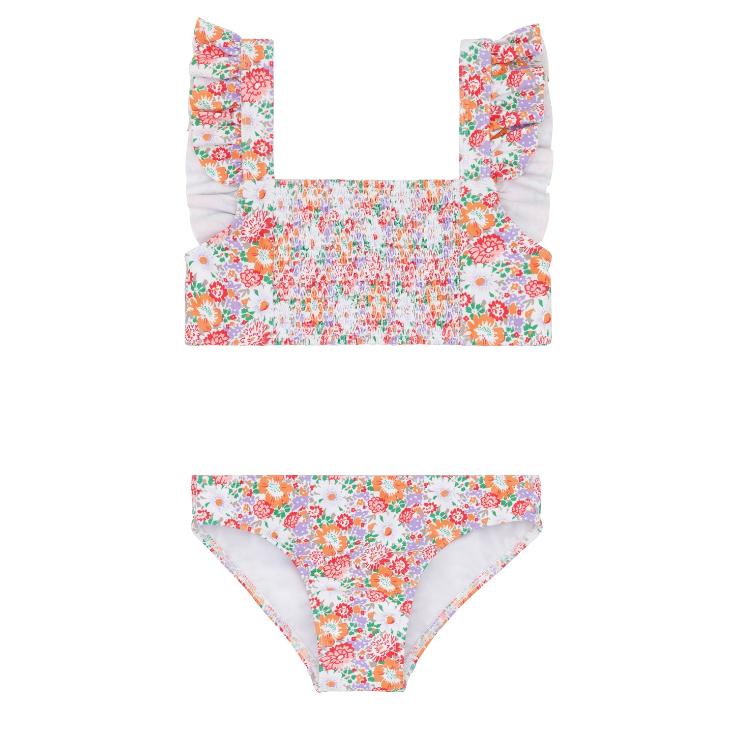 minnow - girls multi floral smocked ruffle strap bikini