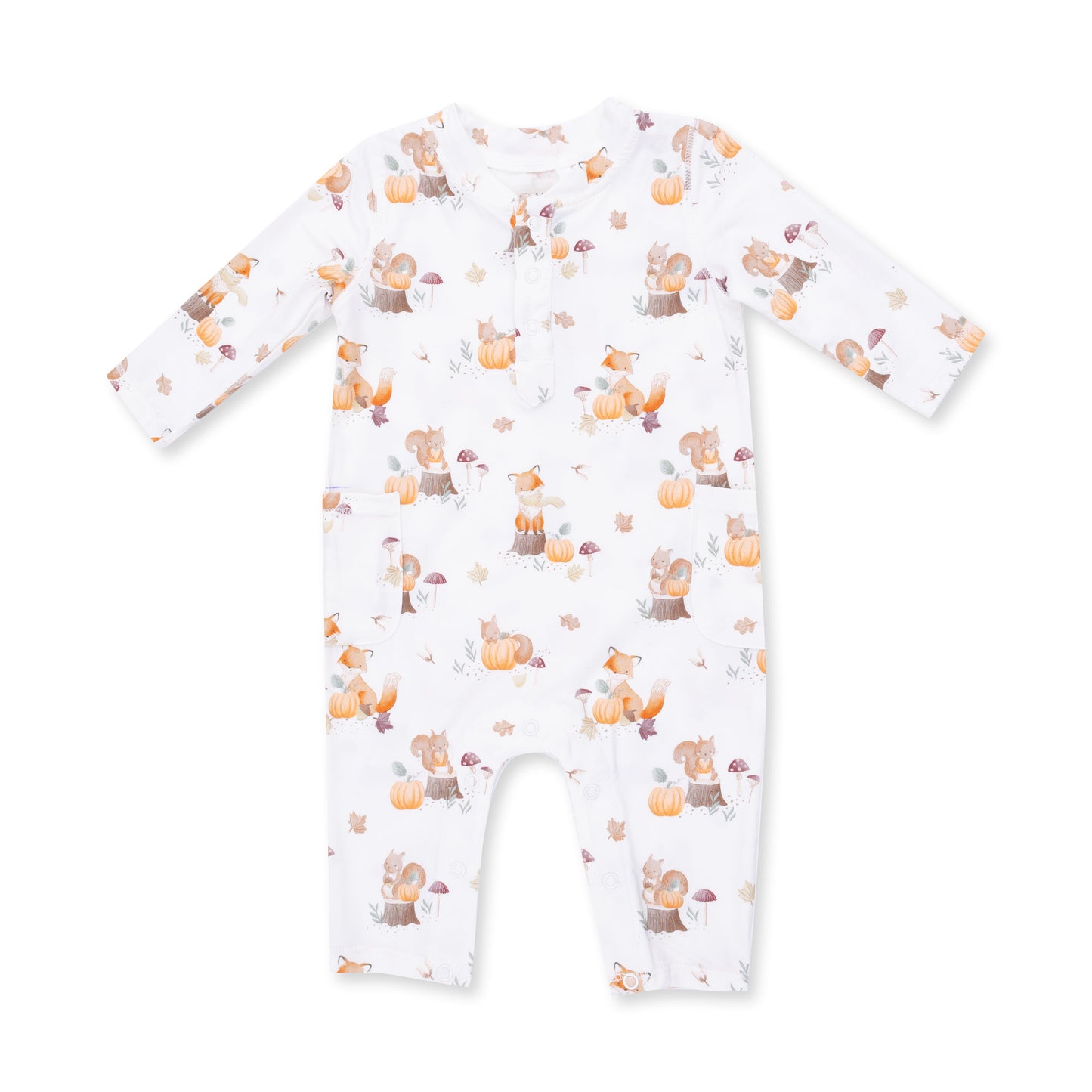 Angel Dear Woodland Animals with Pumpkins Uni Romper featuring cute woodland animal and pumpkin print on soft fabric.