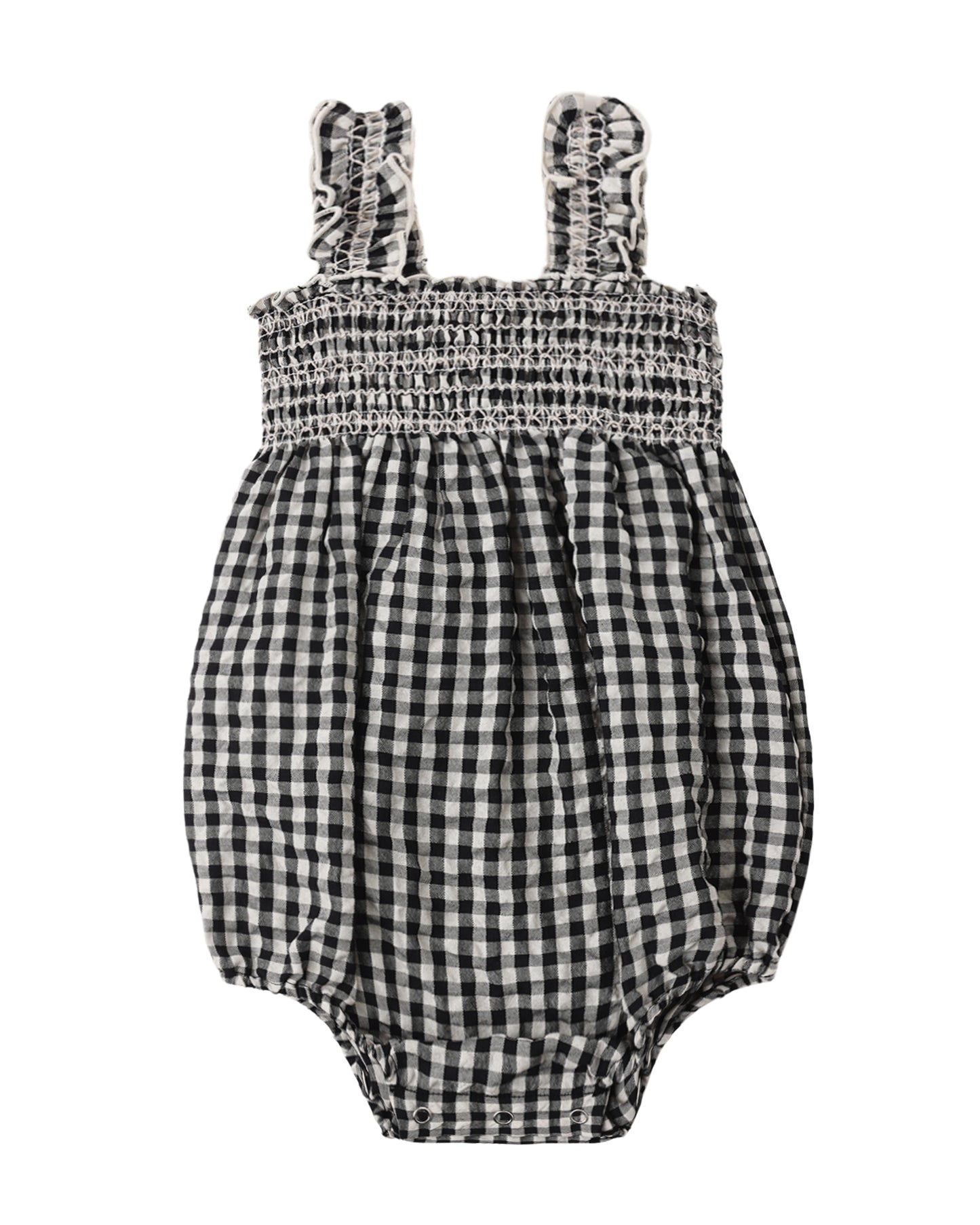 Black Check Julia Romper by Rylee & Cru featuring long sleeves, a relaxed fit, and a stylish checkered pattern.