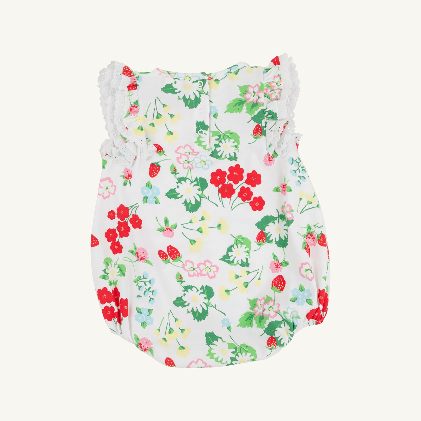White Ruehling Ruffle Bubble from The Beaufort Bonnet Company featuring berry and sweet patterned fabric with ruffle details.