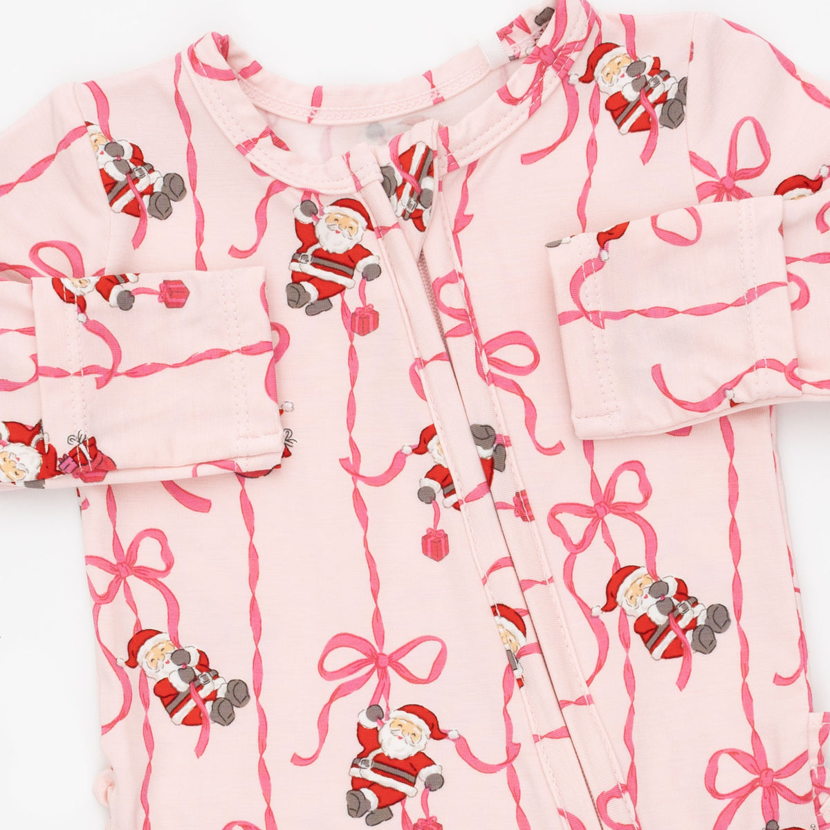 Bows and Santa Two Way Ruffle Back Zipper Footie