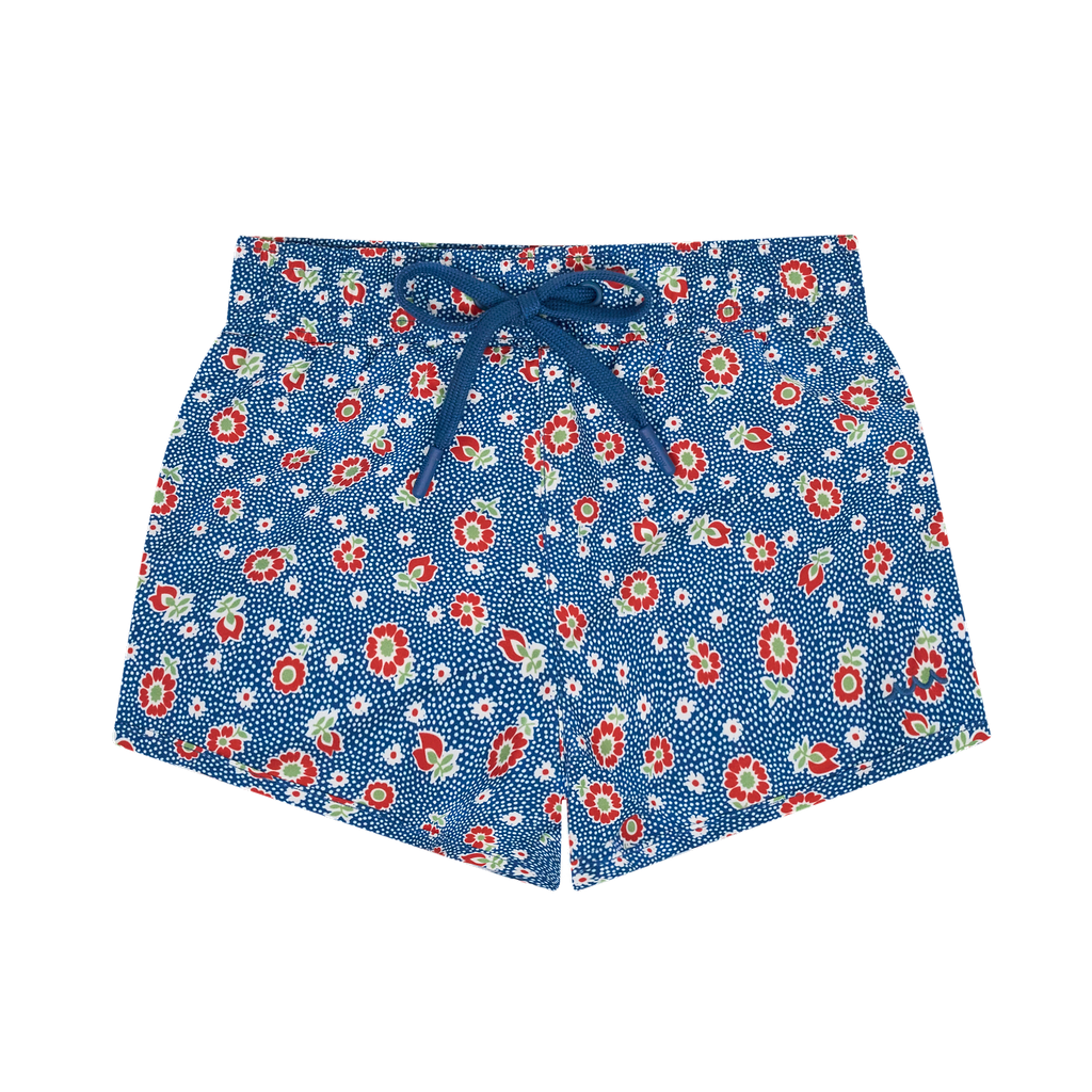 Boys navy floral board shorts by Minnow featuring a colorful floral pattern and elastic waistband, suitable for summer wear.