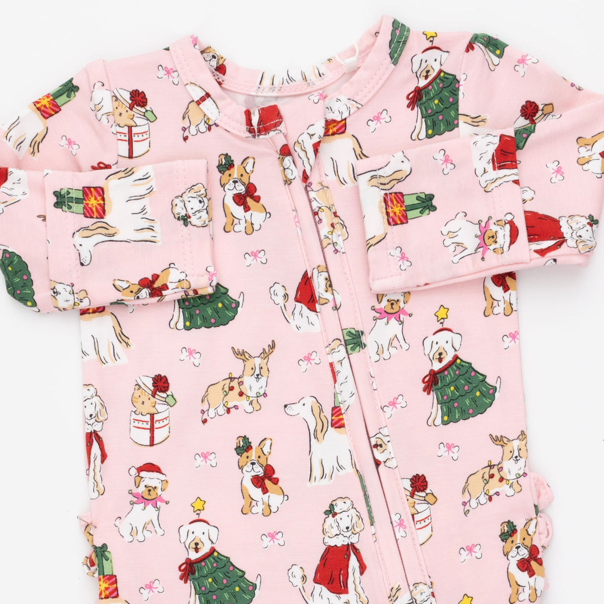 Pink Christmas Dogs Two Way Ruffle Back Zipper Footie
