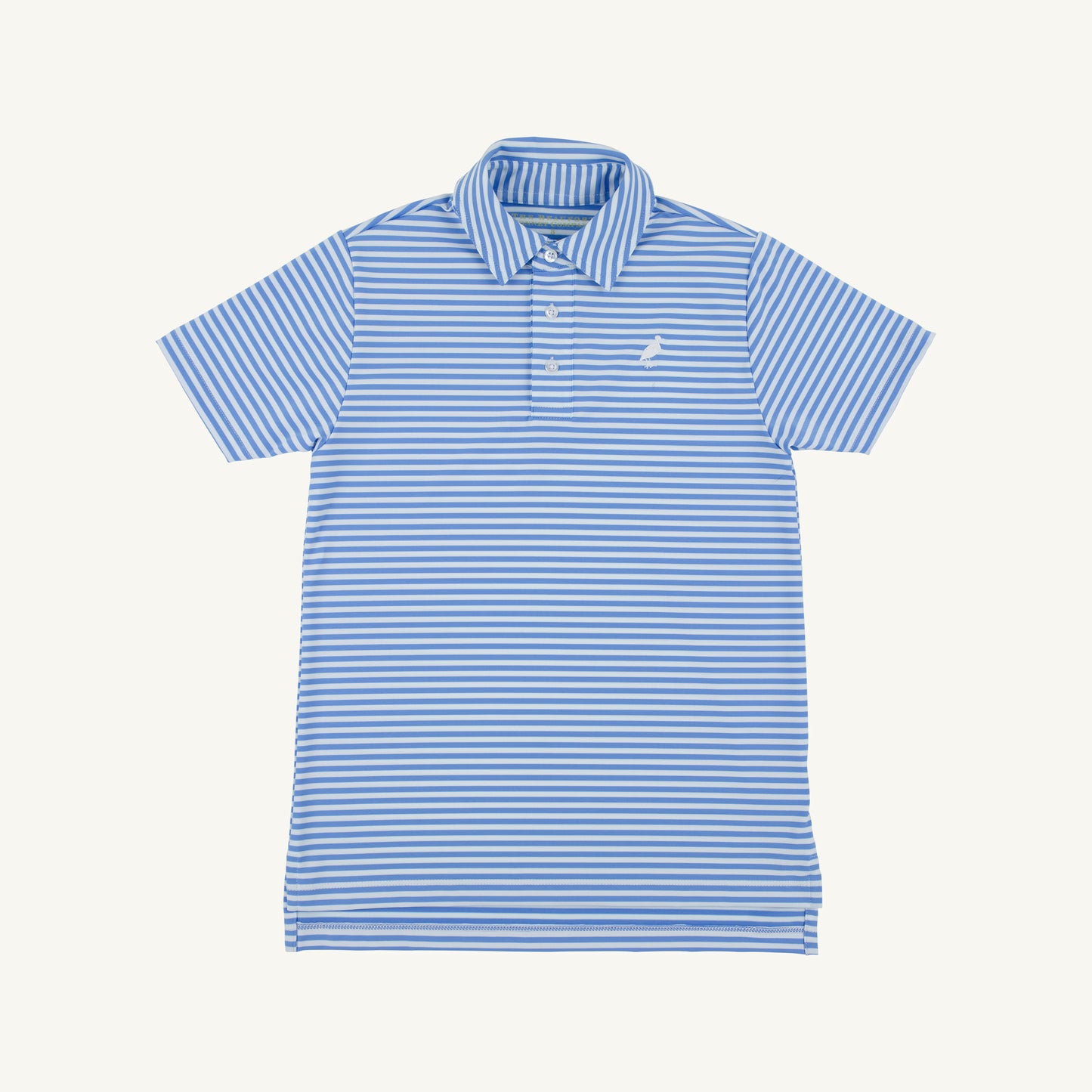 The Beaufort Bonnet Company Prim and Proper Polo featuring Sunrise Blvd blue stripe and Worth Ave white PrepleticTM fabric.