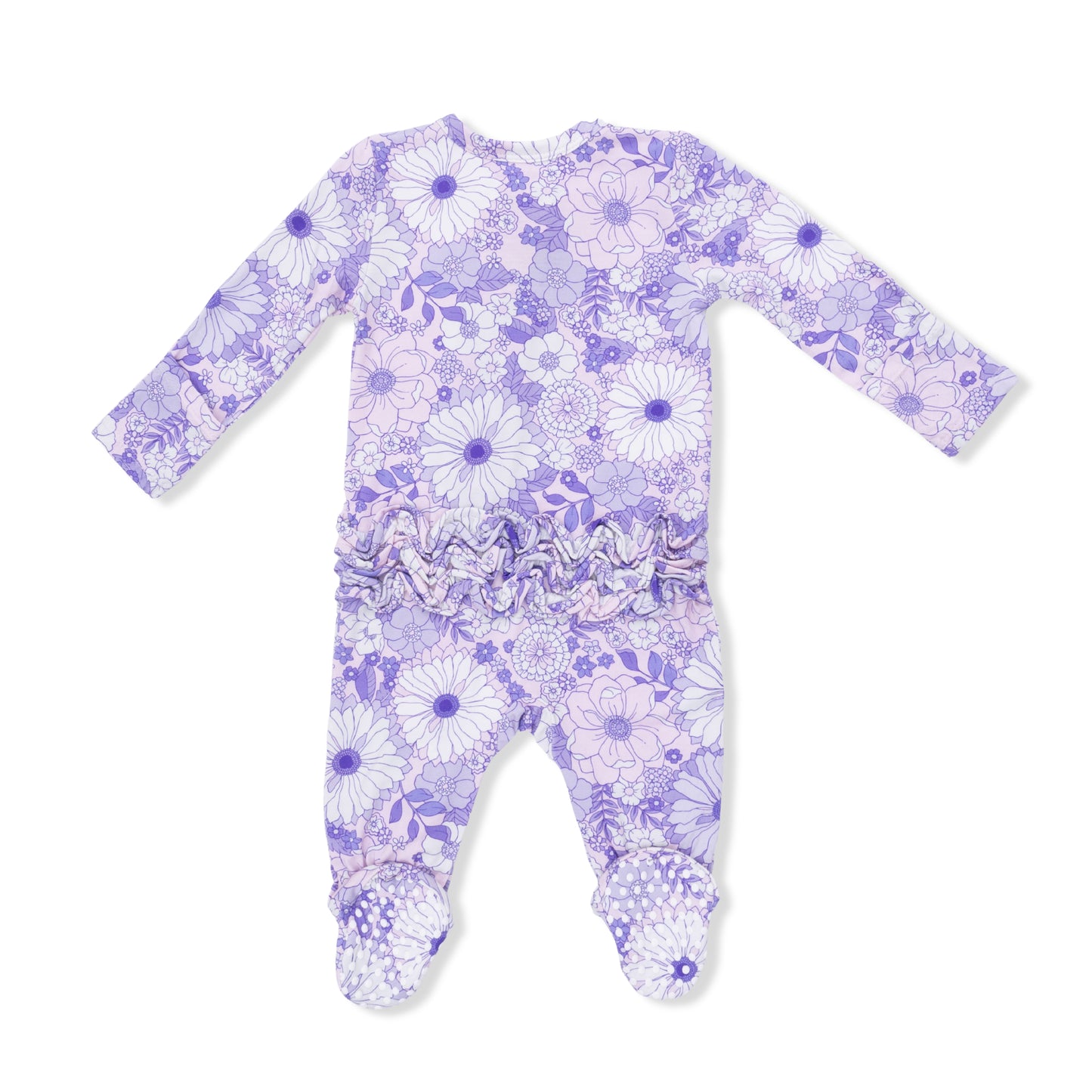 Angel Dear lavender floral lacy footie with ruffle back and zipper closure, featuring a delicate floral pattern and soft fabric.