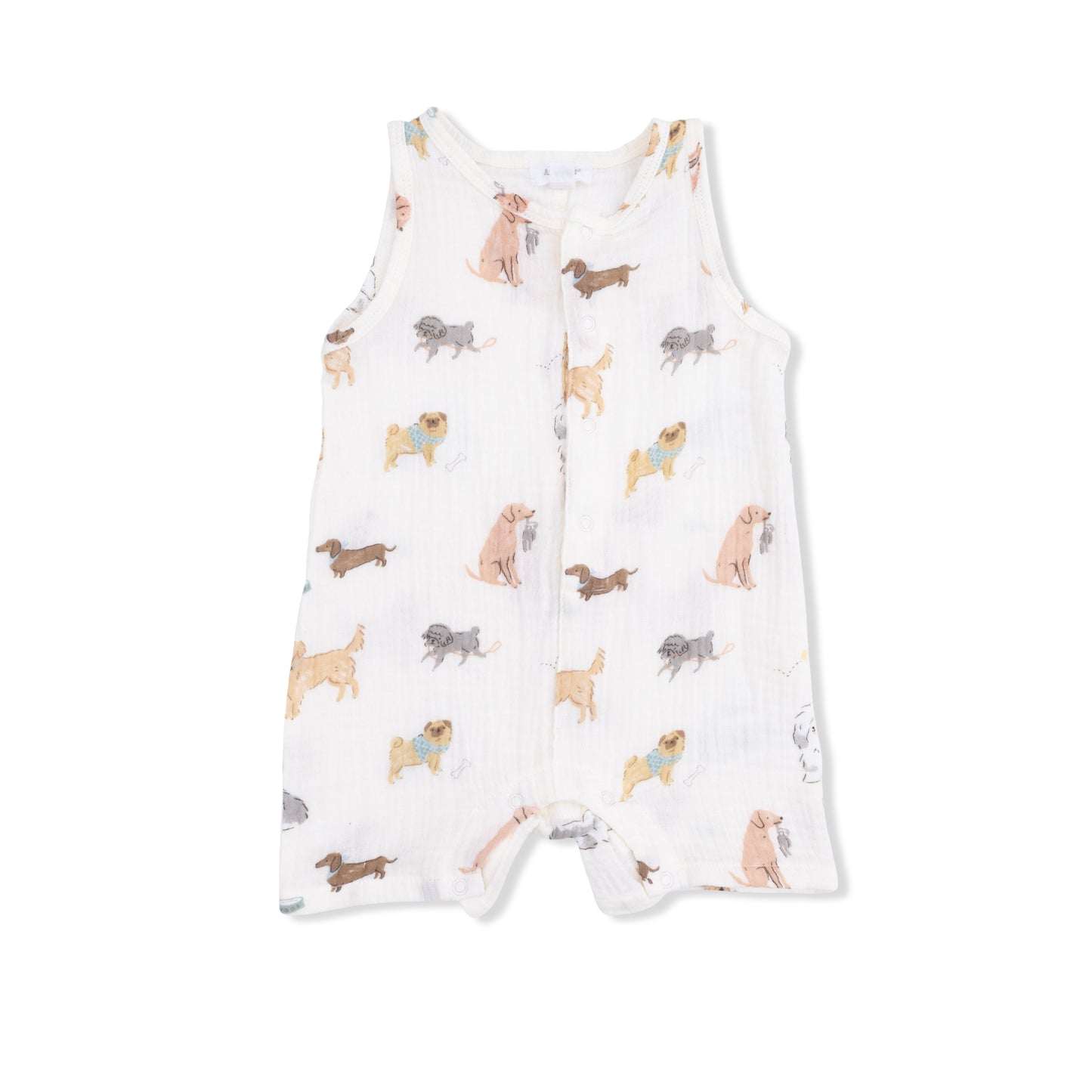 Angel Dear Awesome Dogs sleeveless shortie romper for babies, featuring a playful dog print and soft, breathable fabric.