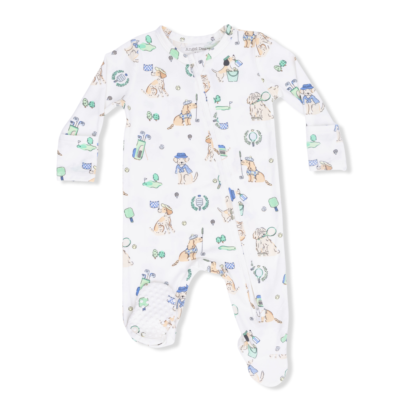Angel Dear Country Club Dogs zip footie, cozy one-piece pajamas with dog pattern, soft fabric, perfect for comfortable sleep.