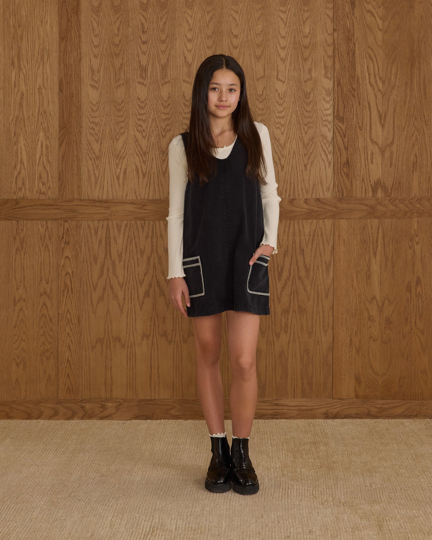 Teen Washed Black V-Neck Overall Dress