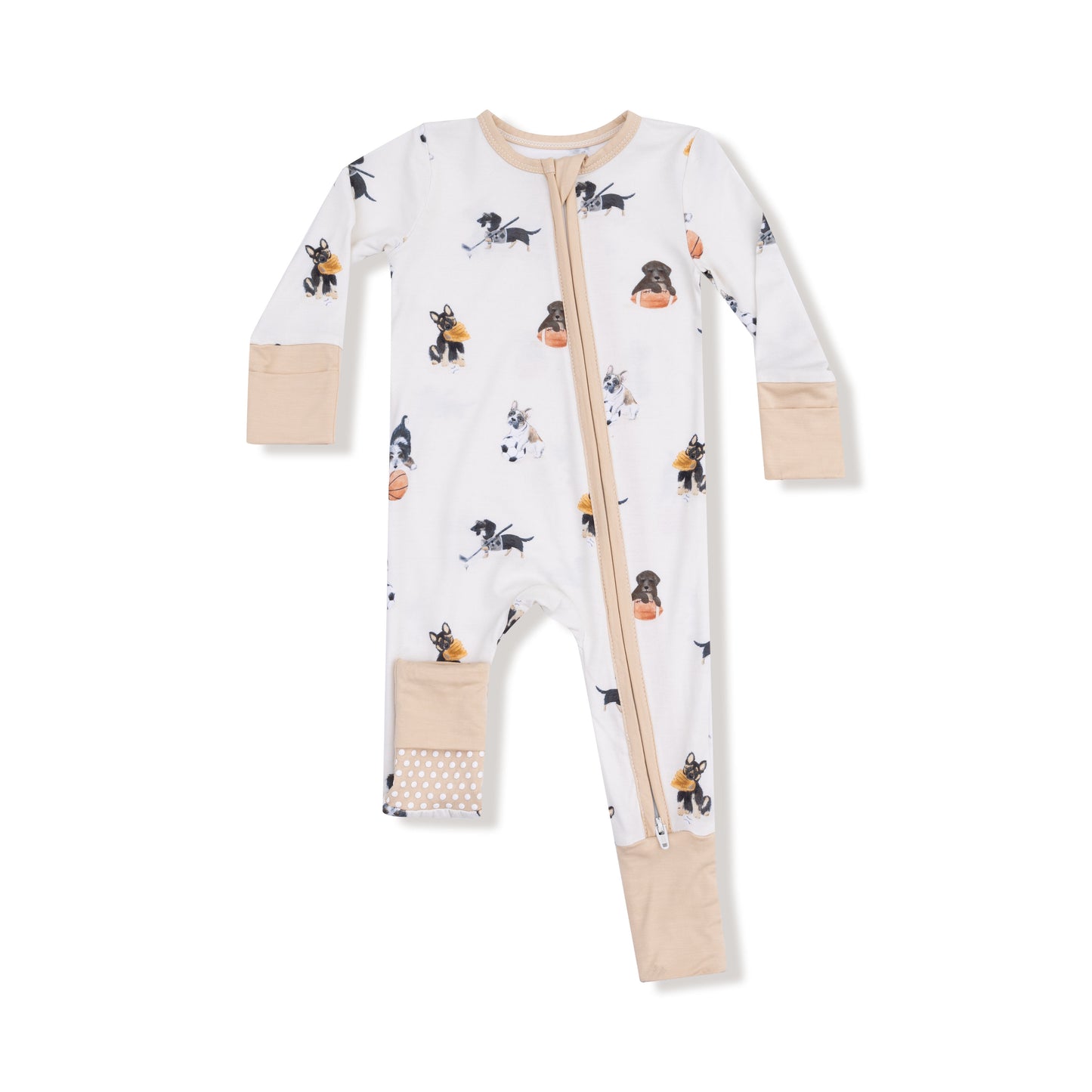 Angel Dear Sporty Puppies zip romper for babies, featuring playful puppy print and soft fabric for comfortable wear.