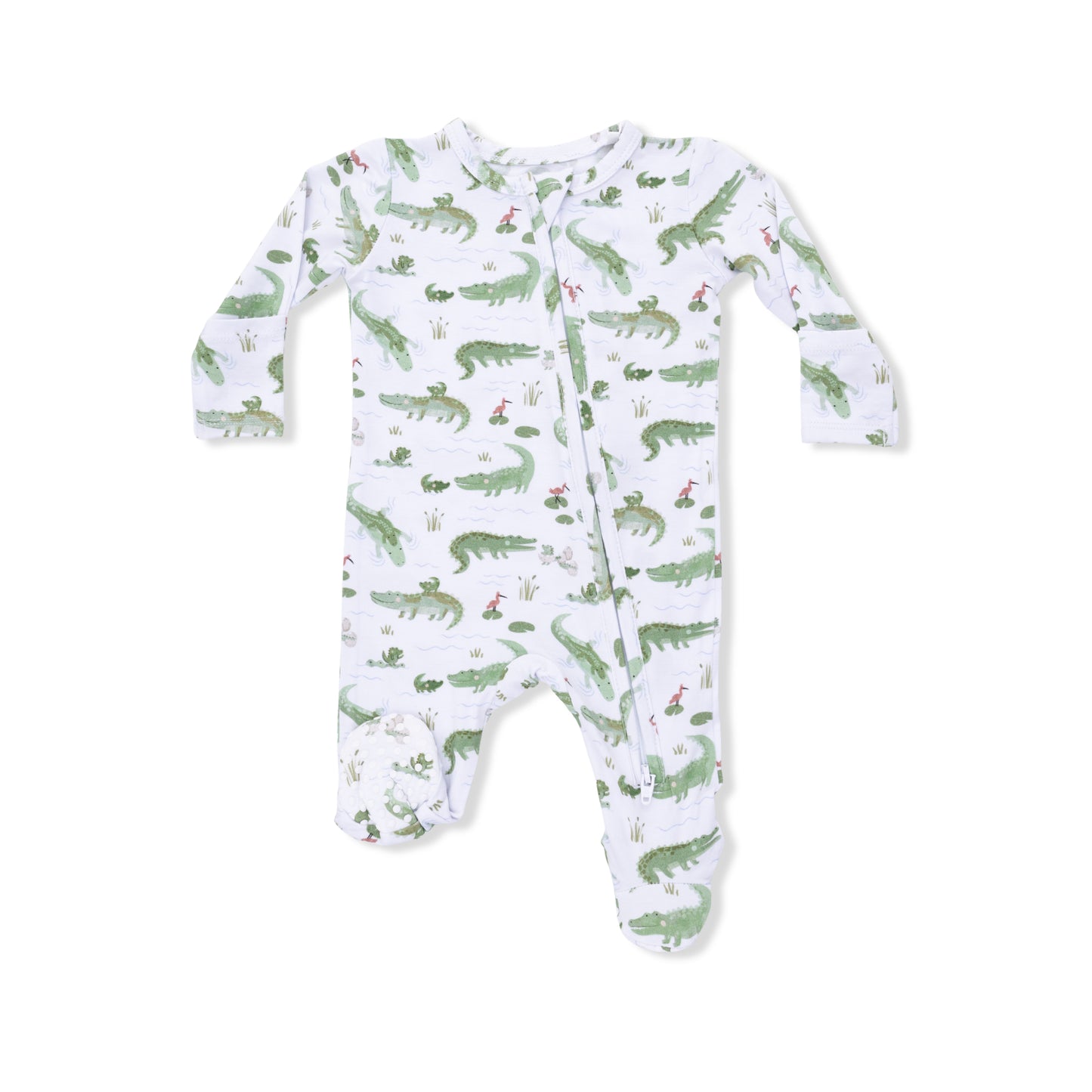Angel Dear Crayon Alligators 2-Way Zipper Footie for babies, featuring colorful alligator design and comfortable fabric.