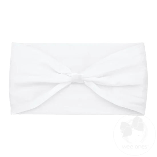 White nylon baby headband with wrap and adjustable bow from Wee Ones, featuring soft fabric and a stylish design.