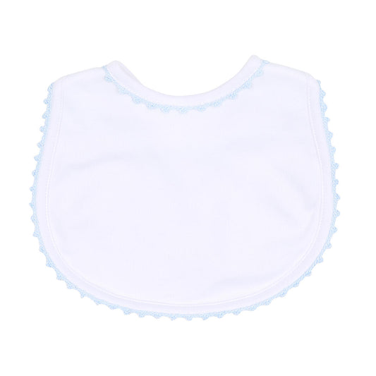 Magnolia Baby Baby Joy Blue crochet trim bib with soft fabric and adjustable neck, ideal for delicate baby skin.