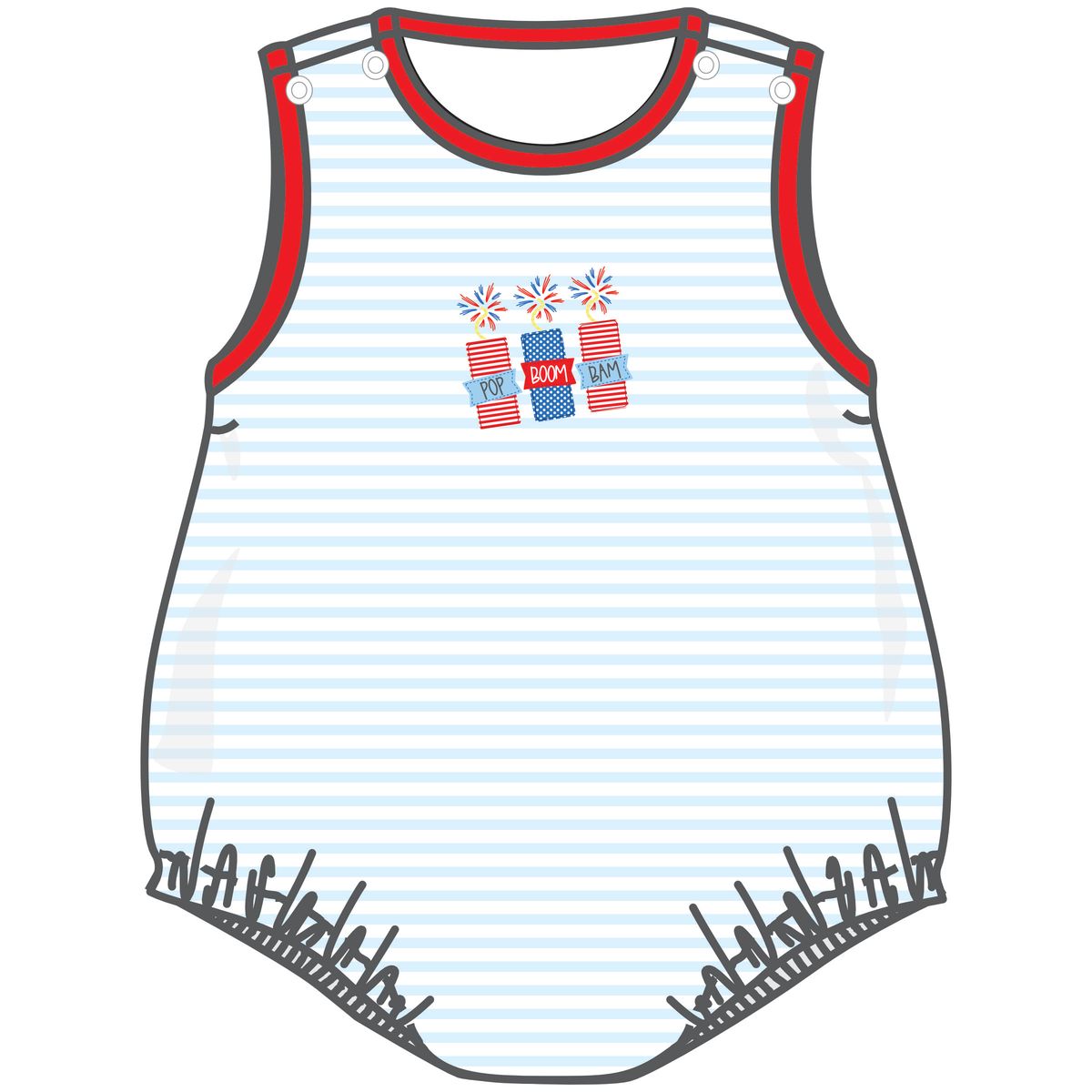 Magnolia Baby red sleeveless boy bubble with pop!boom!bam! appliqué design, soft cotton fabric for infants.