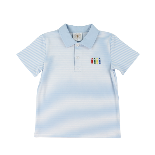 Color My World Boys Porter Polo by Cypress Row, light blue and white striped children's polo shirt, front view.