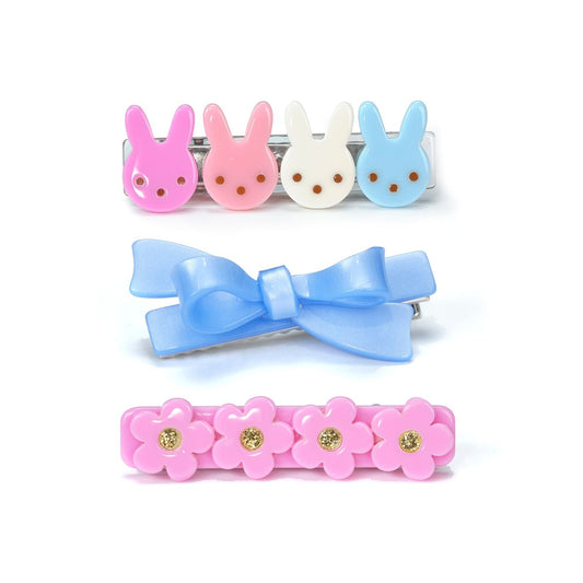 Lilies & Roses - Bunnies Flowers Pink and Bow Hair Clips