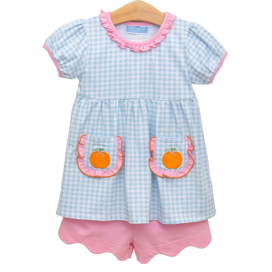 Blue Gingham Pumpkin Ruffle Short Set