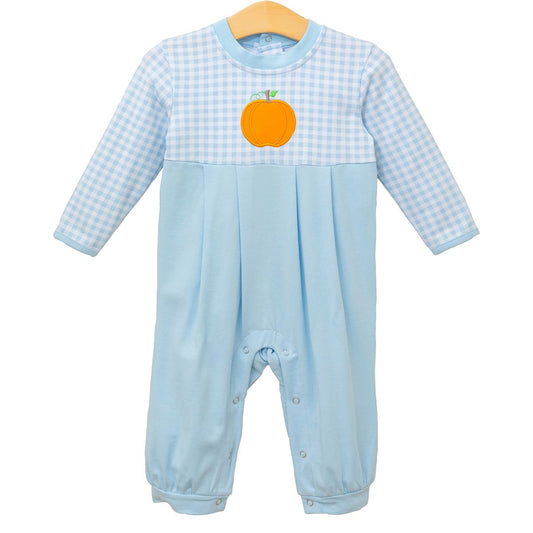 Blue Gingham Pumpkin Boys Long Romper