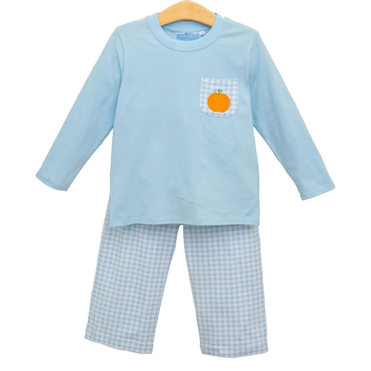 Blue Gingham Pumpkin Boys LS & Pant Set