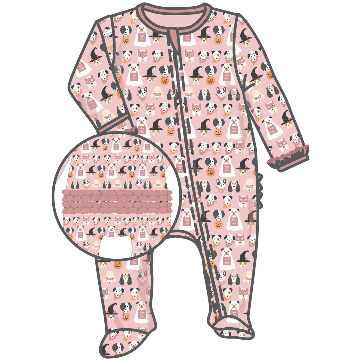 Halloween Hounds Dusty Rose Ruffle Zipper Footie
