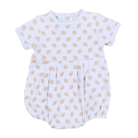 Light blue printed short-sleeve bubble romper for baby girls by Magnolia Baby, featuring playful patterns and comfortable fabric