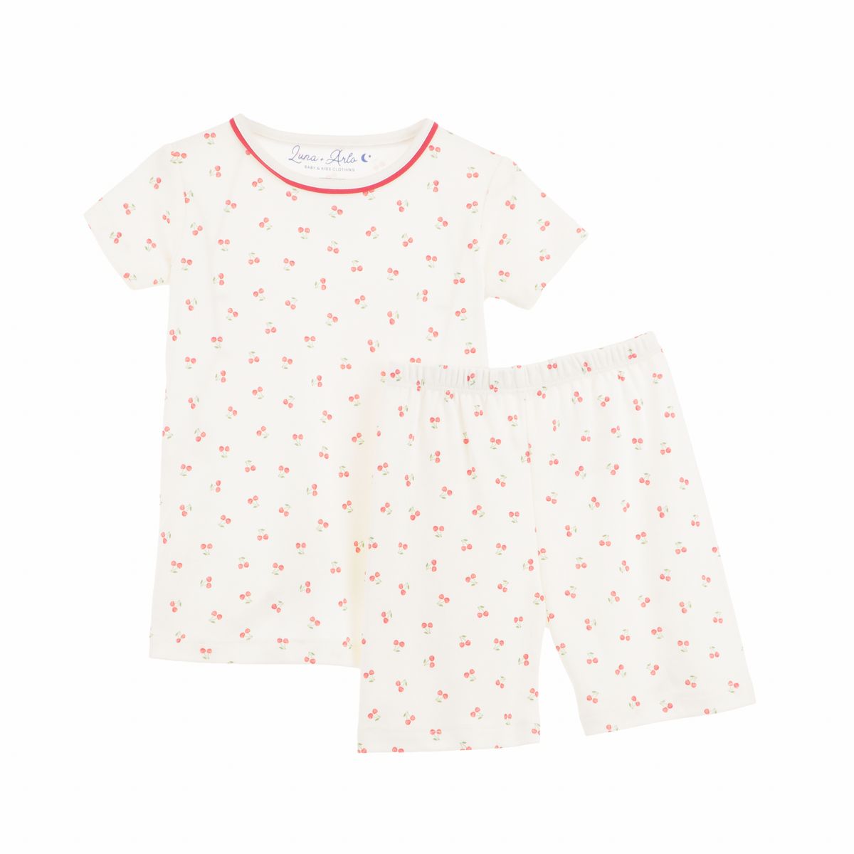 Cherry Grove ivory short pajamas by Luna + Arlo, featuring soft fabric and relaxed fit, displayed on a hanger.