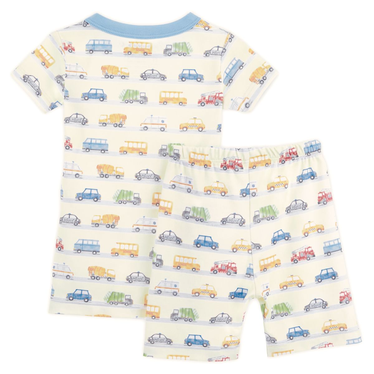 Luna + Arlo On the Go! Sky short pajamas with blue and white pattern, soft fabric, perfect for comfortable sleep or lounging.