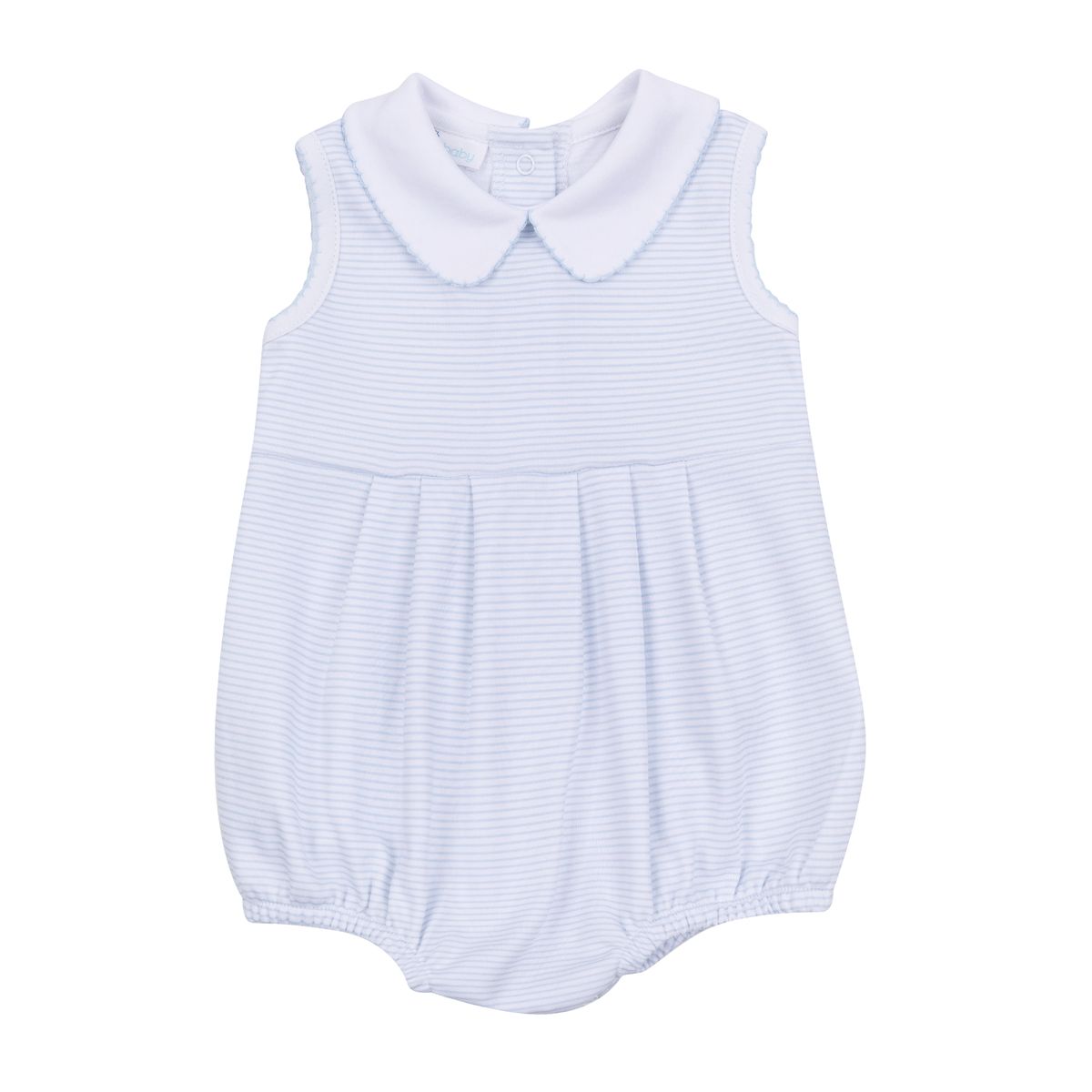 Light blue sleeveless baby bubble with mini stripe pattern and collared design by Magnolia Baby.