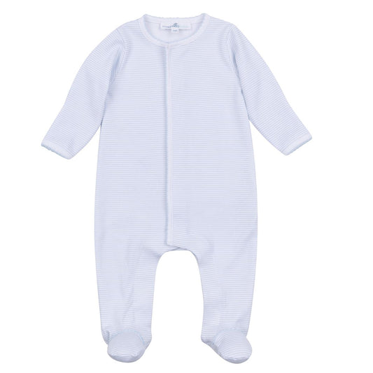 Light blue Magnolia Baby mini striped footie with long sleeves and footed design, soft and cozy for infants.