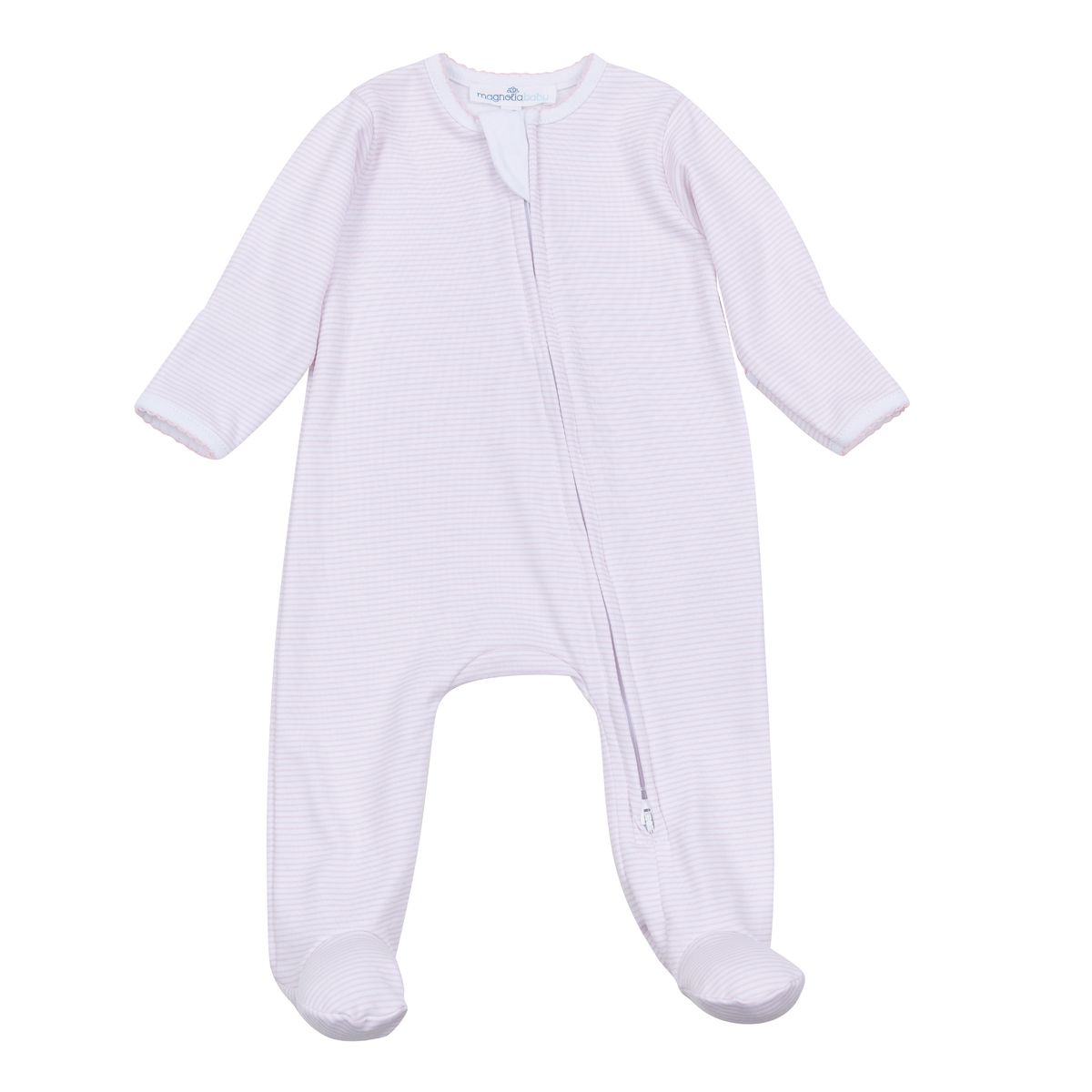 Pink striped Magnolia Baby zip footie for infants, featuring a cozy design with a front zipper and soft fabric.
