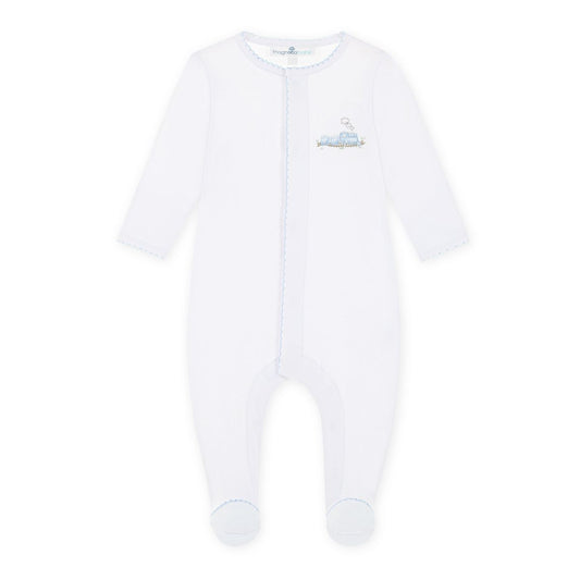 Light blue Magnolia Baby Choo Choo Train footed sleeper for infants, featuring train-themed design and soft fabric.