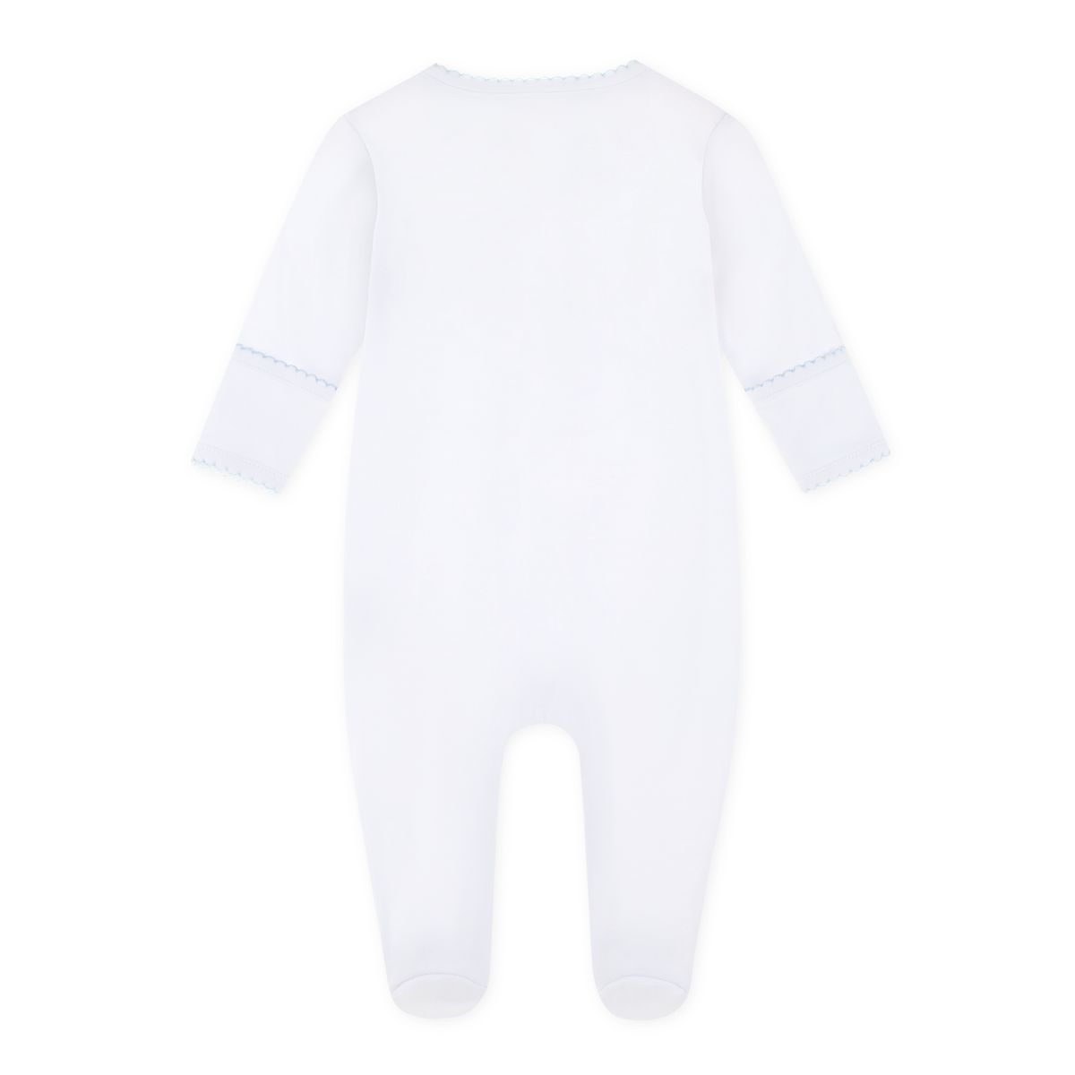Light blue footed onesie featuring a Choo Choo Train design from Magnolia Baby, soft cotton fabric, and snap closure for easy dressing.