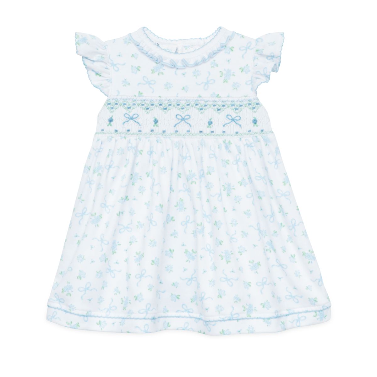 Sky blue smocked flutter dress for baby girls by Magnolia Baby, featuring delicate embroidery and a charming, classic design.