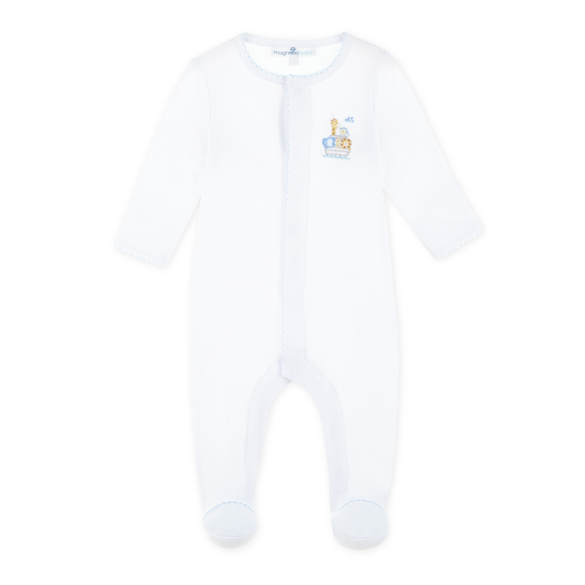 Magnolia Baby Noah's Ark light blue footie with playful animal prints and soft fabric for infants' comfort.