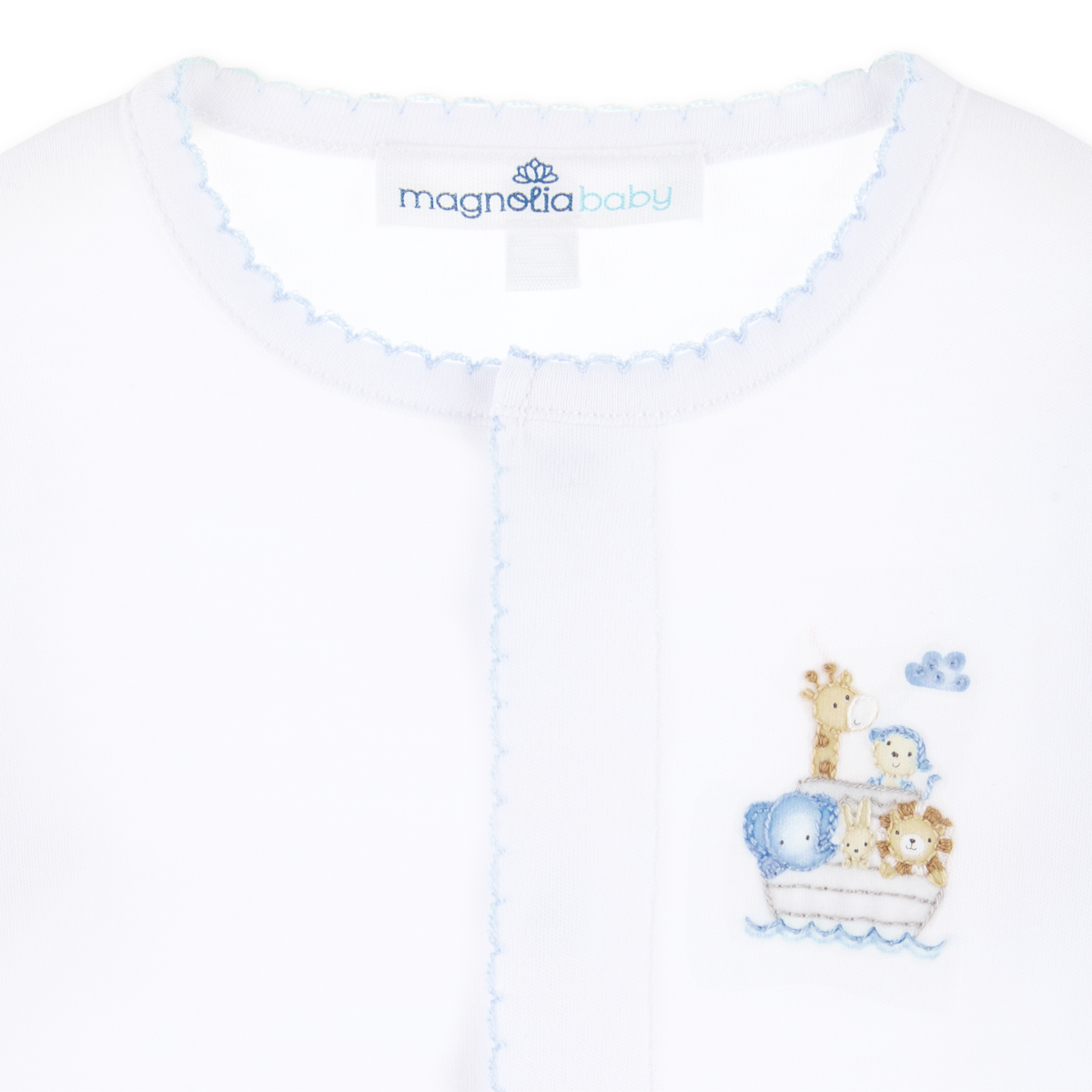 Magnolia Baby Noah's Ark light blue footie with animal print, soft fabric, and cozy design for infants.